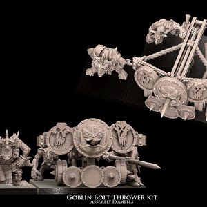 Peut inclure: Exemple d'assemblage du kit de lance-boulons Goblin. Le kit comprend des figurines miniatures et une structure de type catapulte avec des boucliers et des pointes. Les figurines sont de couleur neutre, sur fond noir.