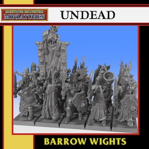 Può includere: Un gruppo di miniature grigie con le etichette "Undead" e "Barrow Wights". Le figure sono dettagliate con spade, scudi e armature a tema teschio. L'angolo in alto a sinistra riporta la scritta "Monstrous Encounters Miniatures."