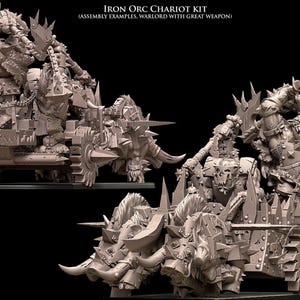 Puede incluir: Un kit de carro Iron Orc, ejemplos de montaje, con un señor de la guerra y un arma grande. El kit presenta un diseño detallado con ruedas y armadura con púas, montado sobre una bestia con grandes cuernos. El texto "AVATARS OF WAR" es visible.