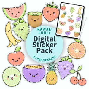 Könnte beinhalten: Ein Set mit 12 digitalen Stickern mit niedlichen Cartoon-Früchten mit Gesichtern. Die Sticker sind in verschiedenen Farben und beinhalten eine Wassermelone, Kiwi, Banane, Trauben, Apfel, Limette, Passionsfrucht, Ananas, Kirschen und eine Grapefruit. Der Text "Kawaii Fruit Digital Sticker Pack 12 PNG Stickers" befindet sich in der Mitte des Bildes.