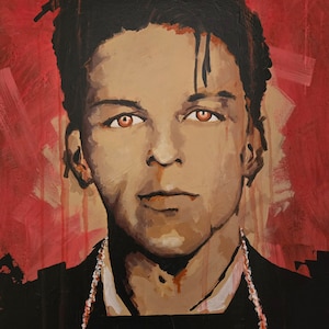 May include: A painting of a person with dark hair and a red background. The person is wearing a white shirt and a necklace. The painting has the numbers 11, 27, and 38 printed on the bottom.