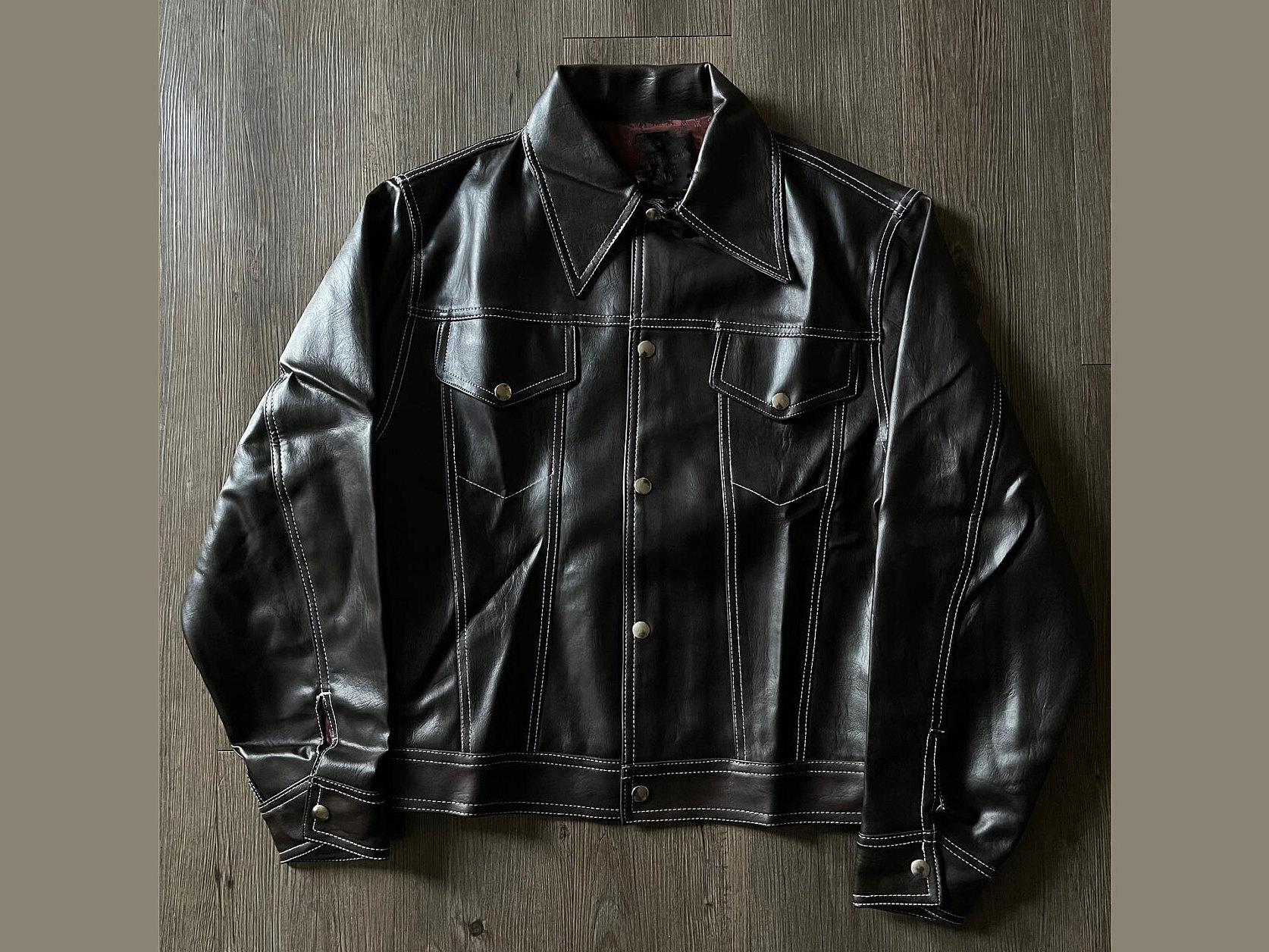 Leather Trucker - Handmade Button Down Jacket - Black Sheepskin 
