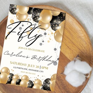 50th Birthday Invitation, Digital 50th Birthday Party Invite, Birthday Party, Digital Invitation, Printable, Black and Gold Birthday Invite