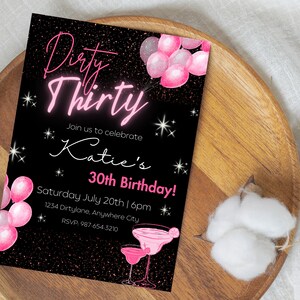 30th Birthday Editable Invitation, Dirty Thirty Birthday, 30th Birthday Invite, Women&#39;s Birthday Invite, Pink Birthday Invitation