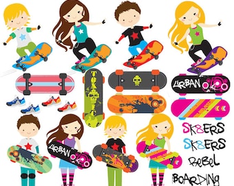 Skateboarding clipart - skateboarding clip art, skateboard, boarding, girls, boys, sport, urban, cool, kewl, for personal and commercial use