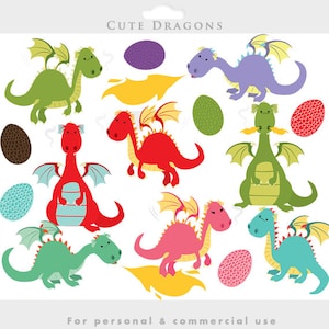 May include: Cute cartoon dragons in various colors, including green, red, purple, pink, and blue, with matching colored eggs. The dragons are in different poses, some with wings spread, some with wings folded, and some with fire coming out of their mouths. The text "Cute Dragons" is at the top of the image.