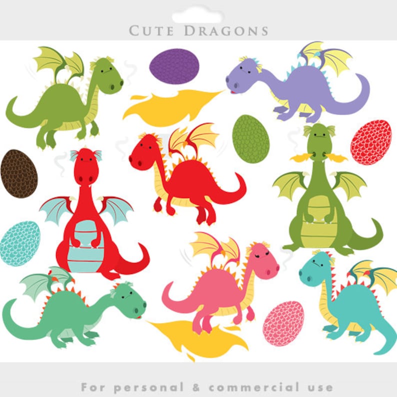 May include: Cute cartoon dragons in various colors, including green, red, purple, pink, and blue, with matching colored eggs. The dragons are in different poses, some with wings spread, some with wings folded, and some with fire coming out of their mouths. The text "Cute Dragons" is at the top of the image.