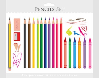 Pencils and school supplies clipart - colored pencils, crayons, eraser, pencil sharpener, shavings, scribbles, heart, art supplies