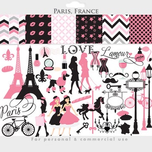 Paris clipart - France clipart, Eiffel tower, French, pink, black, love, romantic, Valentine's Day, travel, for personal and commercial use