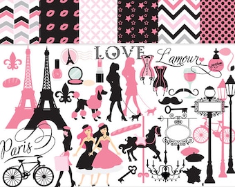 Paris clipart - France clipart, Eiffel tower, French, pink, black, love, romantic, Valentine's Day, travel, for personal and commercial use