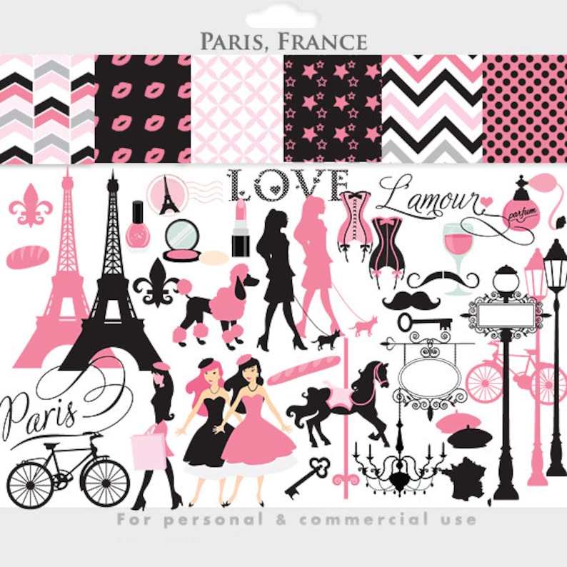 May include: A digital paper pack with a Parisian theme. The pack includes images of the Eiffel Tower, a poodle, a carousel horse, a bicycle, a key, a chandelier, a woman in a corset, a woman with a lipstick, a woman with a perfume bottle, a woman walking a dog, a mustache, a wine glass, a baguette, a street lamp, and a sign that says "Amour". The pack also includes several patterns, including pink and black polka dots, pink and white stars, pink and white chevron, and pink and white geometric patterns.