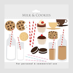 May include: A set of milk and cookies themed clipart images, including chocolate chip cookies, milk bottles, cupcakes, and straws. The text "Milk & Cookies" is at the top of the image. The text "For personal & commercial use" is at the bottom of the image.