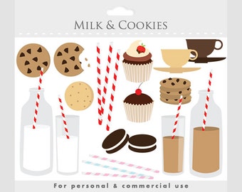 Milk and cookies sweets clipart - clip art milk, biscuits, cookie, striped straws, red, brown, cream, cupcakes, teacups, chocolate milk