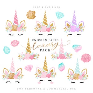 Clipart de têtes de licorne - clipart de licorne arc-en-ciel, cornes de licorne en or, clipart de baby shower, pierres précieuses florales, clipart de pépinière, fleurs