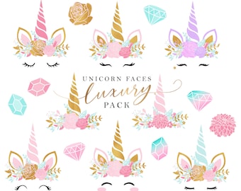 Unicorn heads clipart - rainbow unicorn clip art, gold unicorn horns, baby shower clip art, floral gemstones, nursery clipart, flowers