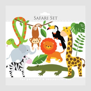 May include: A set of safari animal illustrations featuring a green snake, a gray elephant, a black and white zebra, a green alligator, a brown monkey, a brown and orange lion, a yellow and brown giraffe, and a toucan with a yellow beak and black and white feathers. The text "SAFARI SET" is at the top of the image.