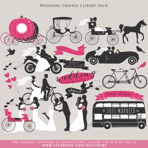 Hand drawn wedding clip art - wedding clipart bride groom vector silhouettes carriage motorcycle bike wedding transportation commercial use