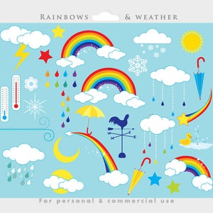 May include: A set of colorful weather and rainbow clipart images. The images include rainbows, clouds, stars, a sun, a lightning bolt, a thermometer, snowflakes, raindrops, an umbrella, a wind vane, a rooster, a crescent moon, a yellow rubber duck, and a shooting star.