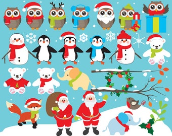 Christmas owls clipart - Christmas clip art, penguins polar bear snowman snowmen snowflake elephant holiday clipart winter commercial use