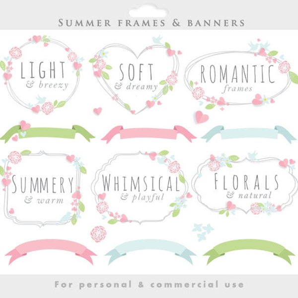 Floral frames - wedding clipart summer clip art spring flowers leaves romantic vignette digital decorations for scrapbooking commercial use