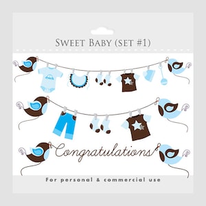 Baby clipart blue brown baby clip art pregnancy clip art nursery clipart sweet,birds baby clothes clothesline Congratulations digital image 1