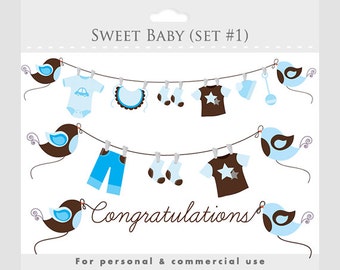 Baby clipart bleu brun bébé clip art grossesse clipart pépinière doux,oiseaux vêtements bébé corde à linge Félicitations numérique