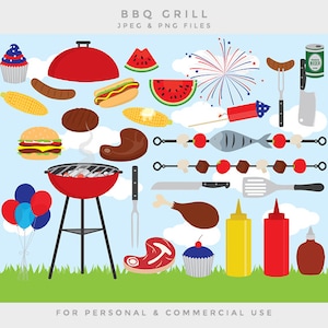 Barbeque clipart - barbecue BBQ clip art family grill grilling USA fourth July summer party US Independence Day personal and commercial use