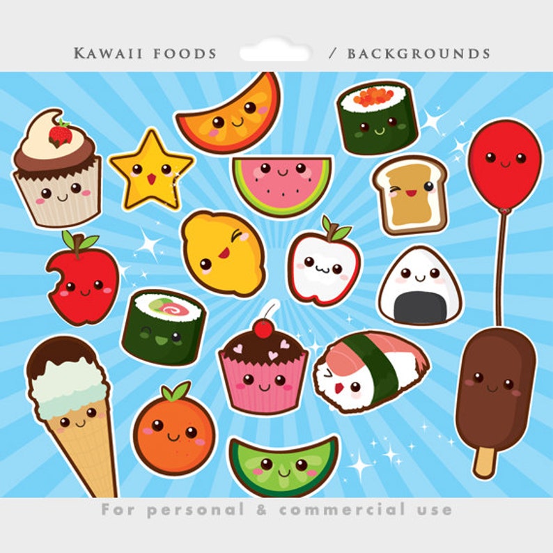Cute food clipart kawaii clip art, Japanese cute, sushi, fruit, cupcake, onigiri, starburst backgrounds, for personal and commercial use image 2