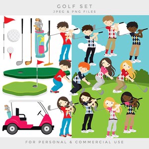 Golf clipart - golf clipart dziewczyny grające w golfa chłopcy grający w golfa słodka piłka golfowa wózek golfowy kluby sport dzieci cyfrowy osobisty użytek komercyjny