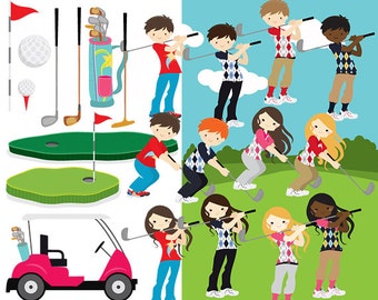 Remate de golf - imágenes prediseñadas de golf golf chicas golfing niños golfing lindo pelota de golf palos de carrito de golf deporte niños uso comercial personal digital