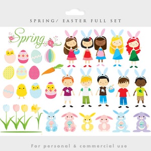 May include: A set of colorful spring and Easter clip art illustrations. The set includes images of chicks, eggs, bunnies, flowers, carrots, and children wearing bunny ears. The text "Spring" is featured in a decorative font.