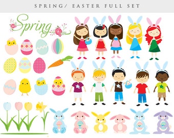 Easter clipart -Easter clip art spring clip art Easter bunny chicks rabbits eggs girls boys, daffodil flowers tulips personal commercial use