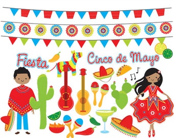 Fiesta clipart - drapeaux mexicains fiesta cinco de mayo, danse, pinata, guitares, cactus, cactus, guirlande, fête pour un usage personnel et commercial