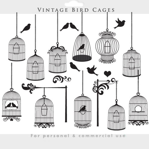 Bird cage clipart - vintage birdcages clip art elegant ornate flourish digital cages birds whimsical for collage and scrapbooking wedding