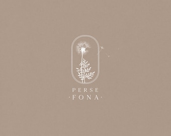 May include: A minimalist logo design featuring a white dandelion illustration within an oval frame. The logo includes the text "PERSE FONA" in a serif font, set against a muted brown background. The design evokes a sense of natural elegance.