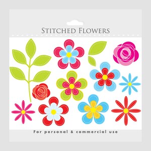 Flower clipart - floral clip art, floral clipart, flowers clip art, stitched flowers, fabric flowers, roses, daisies, leaves