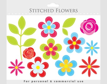 Flower clipart - floral clip art, floral clipart, flowers clip art, stitched flowers, fabric flowers, roses, daisies, leaves