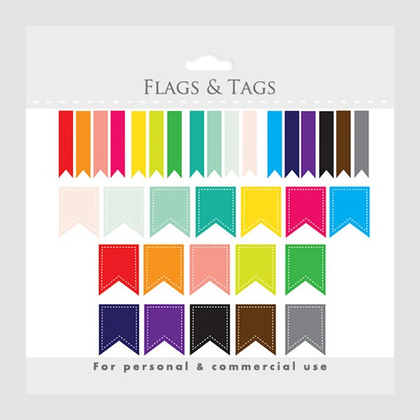 Flags clipart for digital scrapbooking - digital flags, tags, thin and wide versions, stitched, colorful, colors for personal commercial use