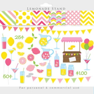 Lemonade clipart - pink lemonade stand clip art, summer, fruit, spring, lemons, shop stand, papers, yellow, green, pastel bunting commercial