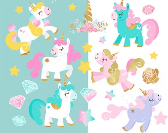 Unicorn clipart, baby unicorn clip art, nursery clipart, baby shower clipart, kawaii unicorns, cute rainbow unicorns, pastel unicorns, gold