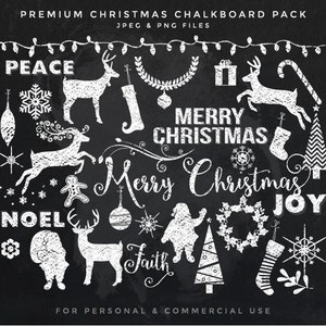 Chalkboard Christmas clipart - chalk clip art chalk doodles premium set digital scrapbooking Santa reindeer deer Christmas tree snowflakes