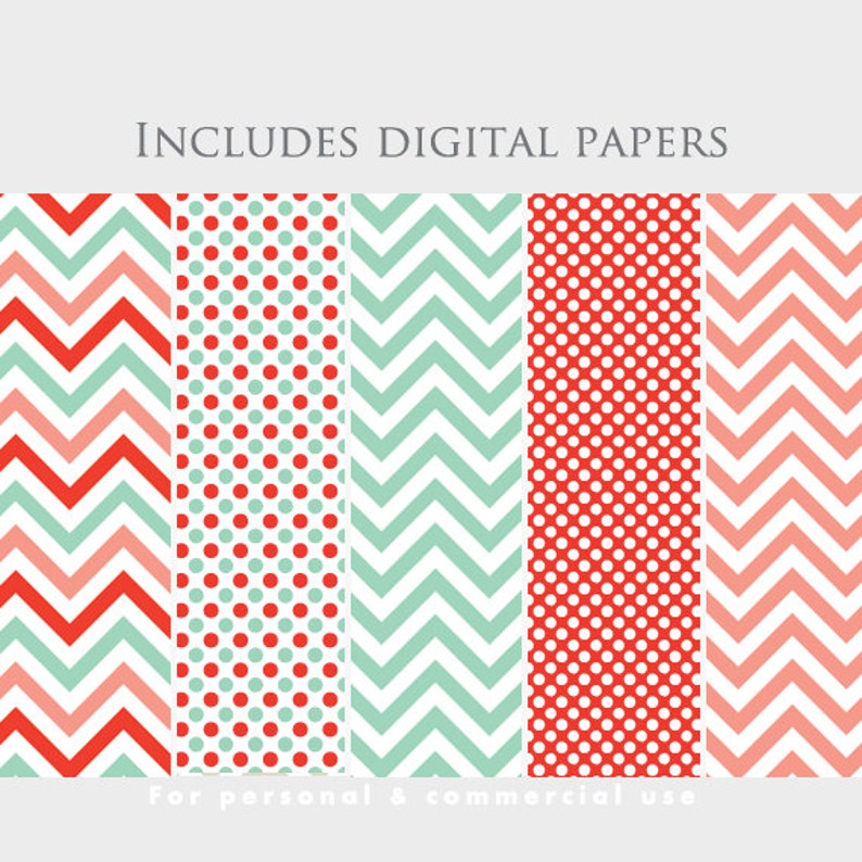 Christmas digital paper pack and clipart clip art, digital papers for scrapbooking, holiday, festive, chevron, red, green, Christmas trees image 3