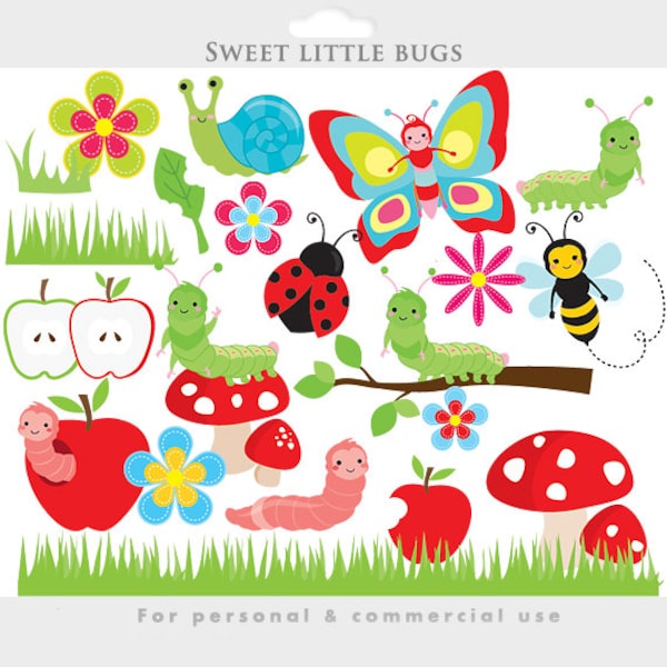 Cute bugs clipart - bugs clip art, caterpillar, worm, ladybug, lady bug, butterfly, snail, insects, insect, apple, mushroom, flowers, bee