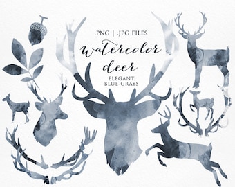 Watercolor clipart - watercolor deer clip art sihouettes gray blue antlers whimsical forest leaves acorns digital commercial use hand drawn