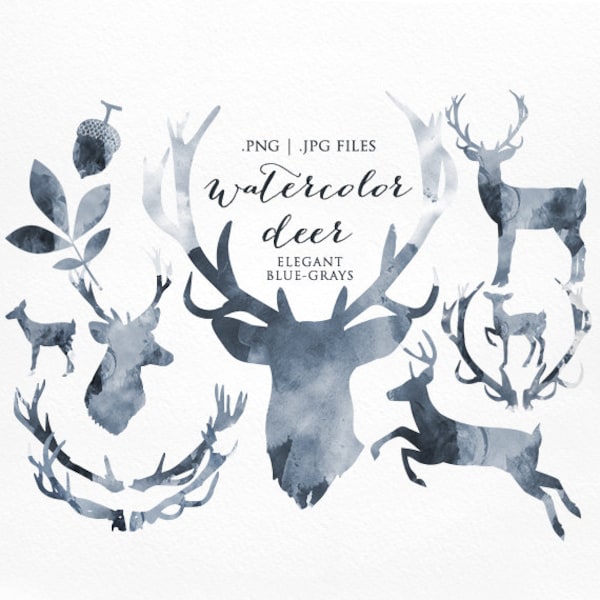 Watercolor clipart - watercolor deer clip art sihouettes gray blue antlers whimsical forest leaves acorns digital commercial use hand drawn