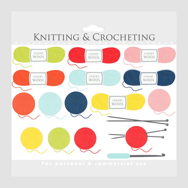 Knitting clipart - crochet clip art, crocheting, knit, wool, knitting needles, crochet hook, yarn balls for personal and commercial use