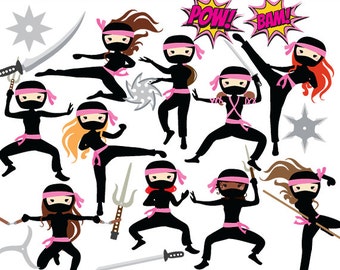 Ninja clipart - ninja clip art girls karate martial arts cute whimsical throwing stars sword katana black pink personal and commercial use