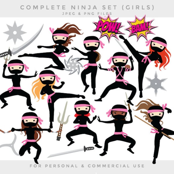 Ninja Clipart - Ninja Clip Art Mädchen Karate Kampfsport niedlich whimsical Werfen Sterne Schwert Katana schwarz rosa persönliche und kommerzielle Nutzung