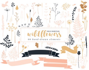 Floral wedding clip art - hand drawn floral clipart wildflower clip art pink shabby romantic woodland wild flowers bridal DIY leaves vector