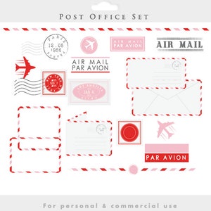 Clipart de la oficina de correos de San Valentín - sellos del día de San Valentín correo clip art elementos postales franqueo correo aéreo par avion marcos de letras vintage